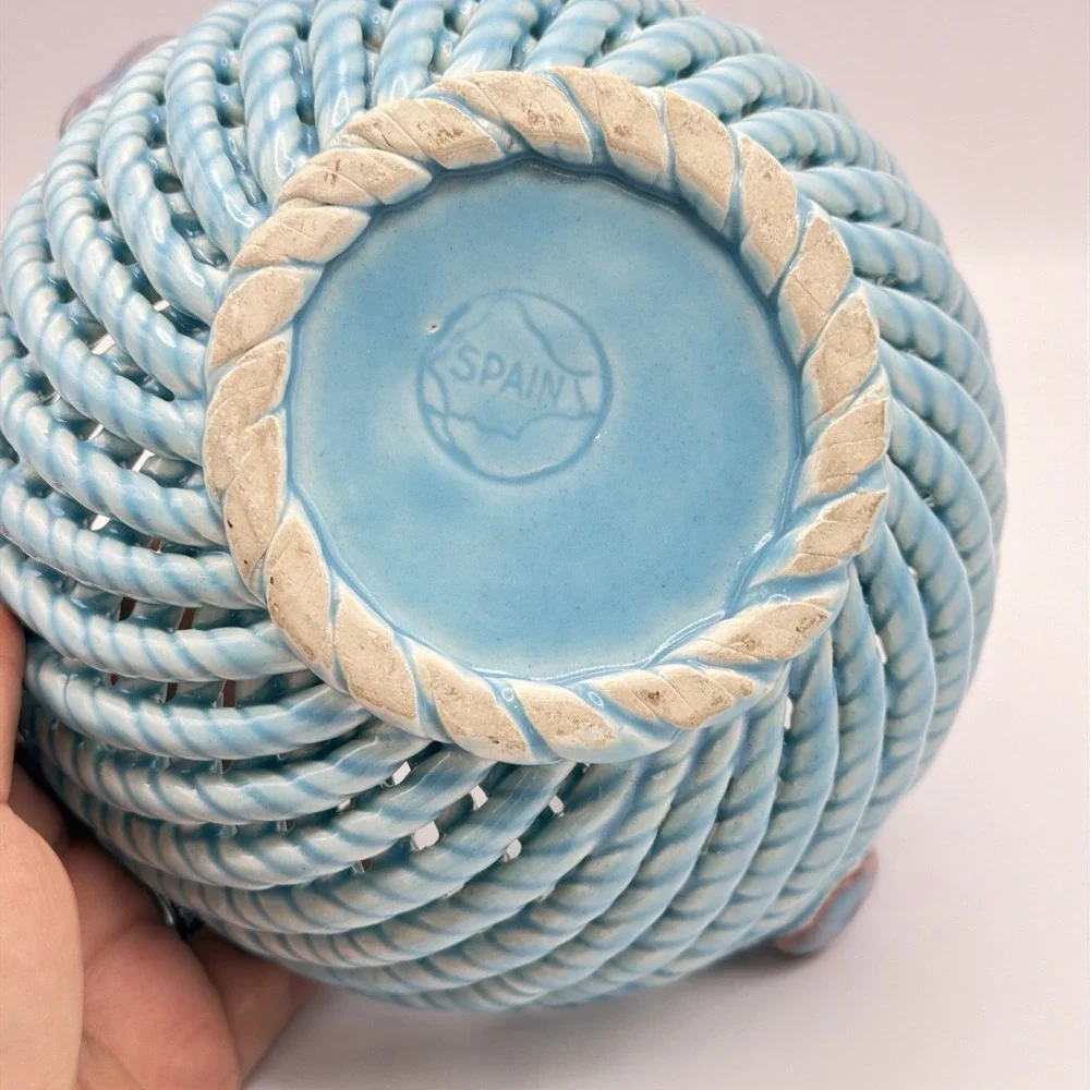 Vtg Spain Woven Ceramic Basket Aqua Blue Applied Fruit Floral Accents